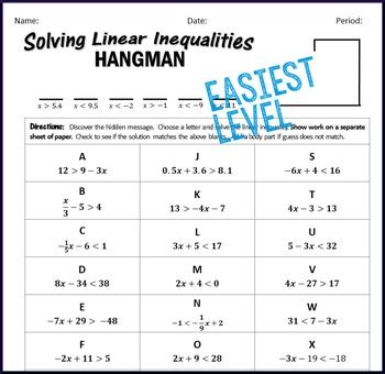 solving linear inequalities worksheet hangman